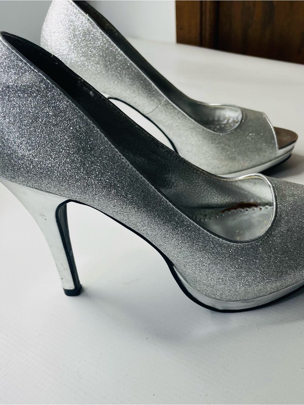 Rampage Silver Glitter Peep-Toe Stiletto Heels 4”